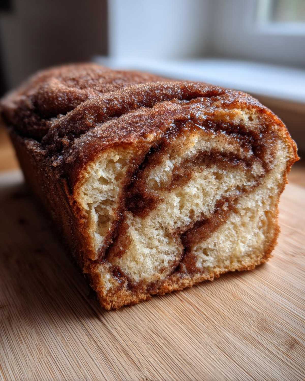 A close-up view of a freshly baked Cinnamon Sugar Donut Bread loaf, showing a swirl of cinnamon filling inside.