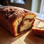 A loaf of Cinnamon Sugar Donut Bread, partially sliced, resting on a wooden cutting board in sunlight.