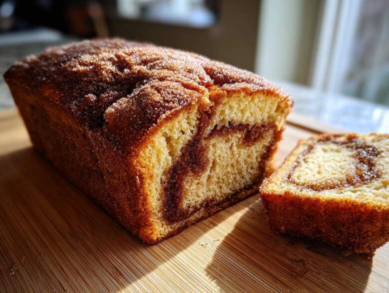A loaf of Cinnamon Sugar Donut Bread, partially sliced, resting on a wooden cutting board in sunlight.