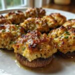 Close-up of several golden-brown Crab Stuffed Mushrooms arranged on a white plate, glistening with butter.