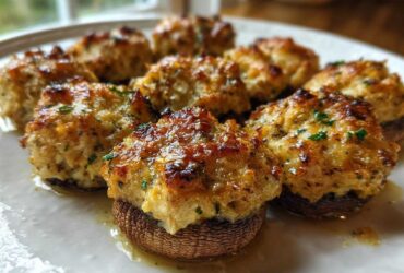 Close-up of several golden-brown Crab Stuffed Mushrooms arranged on a white plate, glistening with butter.