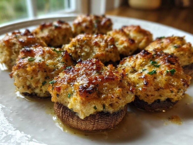 Close-up of several golden-brown Crab Stuffed Mushrooms arranged on a white plate, glistening with butter.