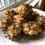 A close-up of several golden brown Crab Stuffed Mushrooms piled on a white plate, garnished with fresh parsley.
