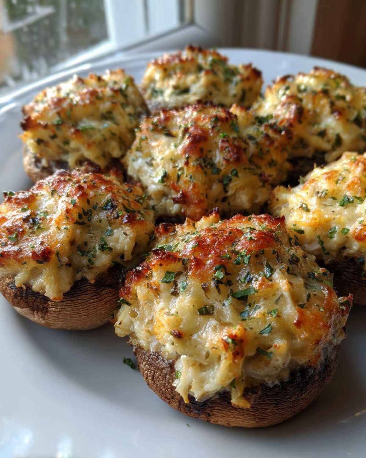 Close-up of several golden brown Crab Stuffed Mushrooms, topped with melted cheese and fresh parsley, served on a white plate.