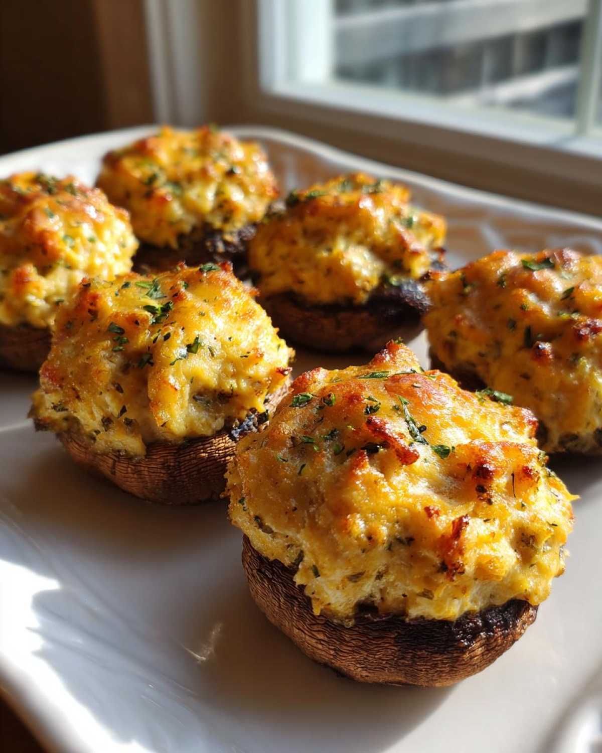 Close-up of six perfectly baked Crab Stuffed Mushrooms with golden, cheesy tops garnished with parsley.