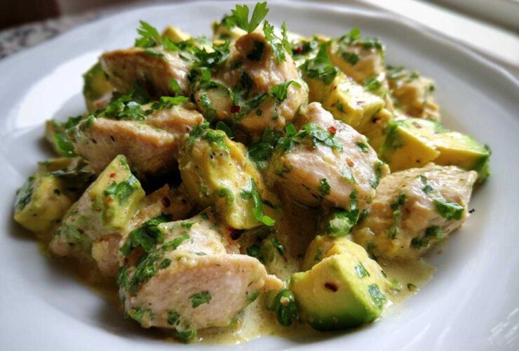 Close-up of creamy avocado chicken pieces garnished with fresh parsley, a perfect Quick Low-Carb Dinner.