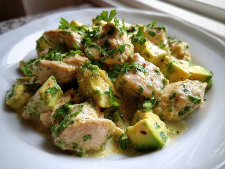 Close-up of creamy avocado chicken pieces garnished with fresh parsley, a perfect Quick Low-Carb Dinner.