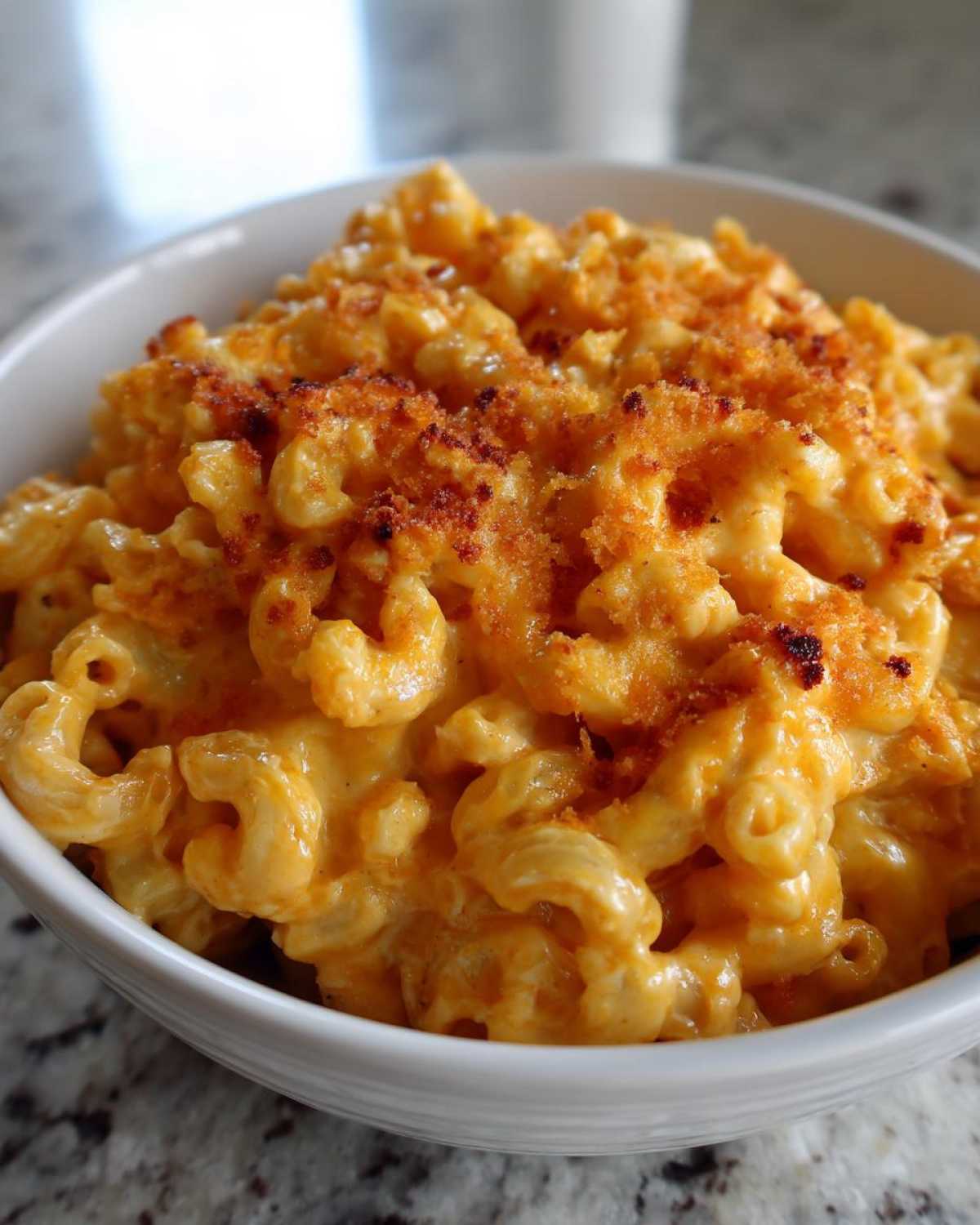 Close-up of creamy, cheesy Chick-fil-A Mac and Cheese in a white bowl with a toasted breadcrumb topping.