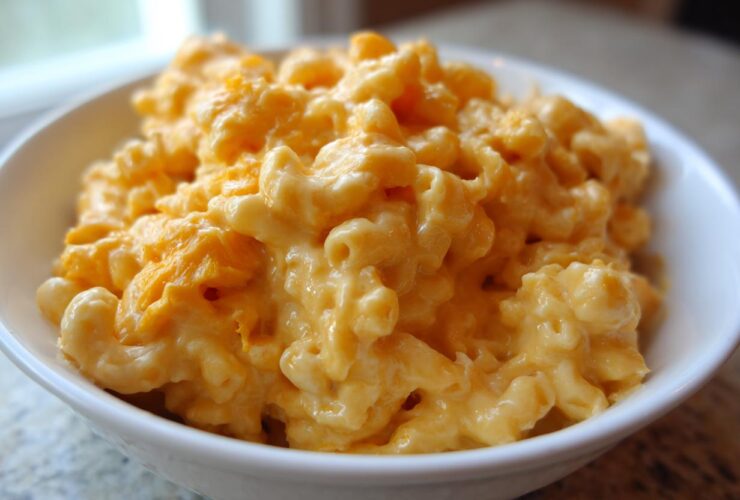 Close-up of creamy, cheesy Chick-fil-A Mac and Cheese served in a small white bowl.