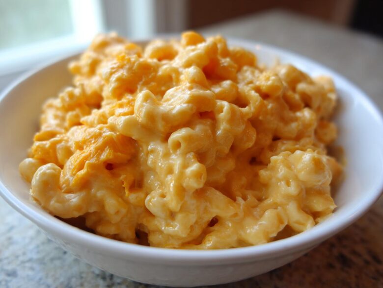Close-up of creamy, cheesy Chick-fil-A Mac and Cheese served in a small white bowl.