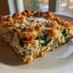 A close-up of a square slice of Creamy Chicken and Spinach Casserole with a golden, crisp topping.