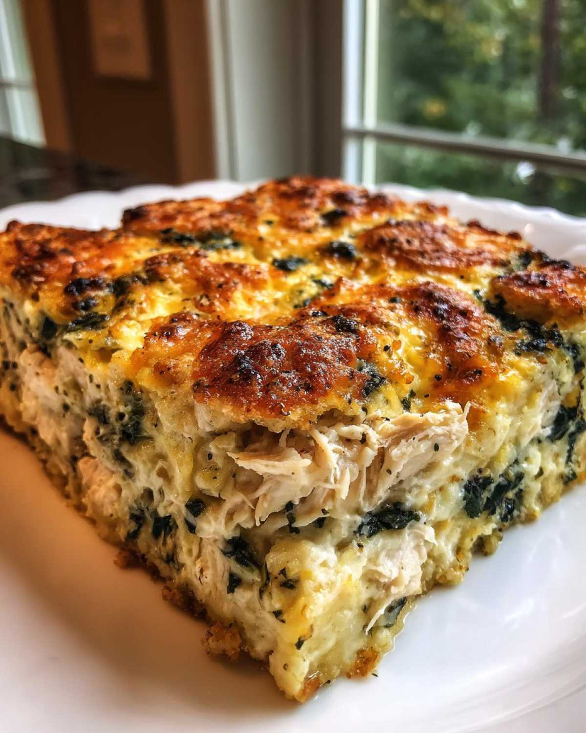 Close-up of a thick slice of Creamy Chicken and Spinach Casserole with shredded chicken and a golden, cheesy top.