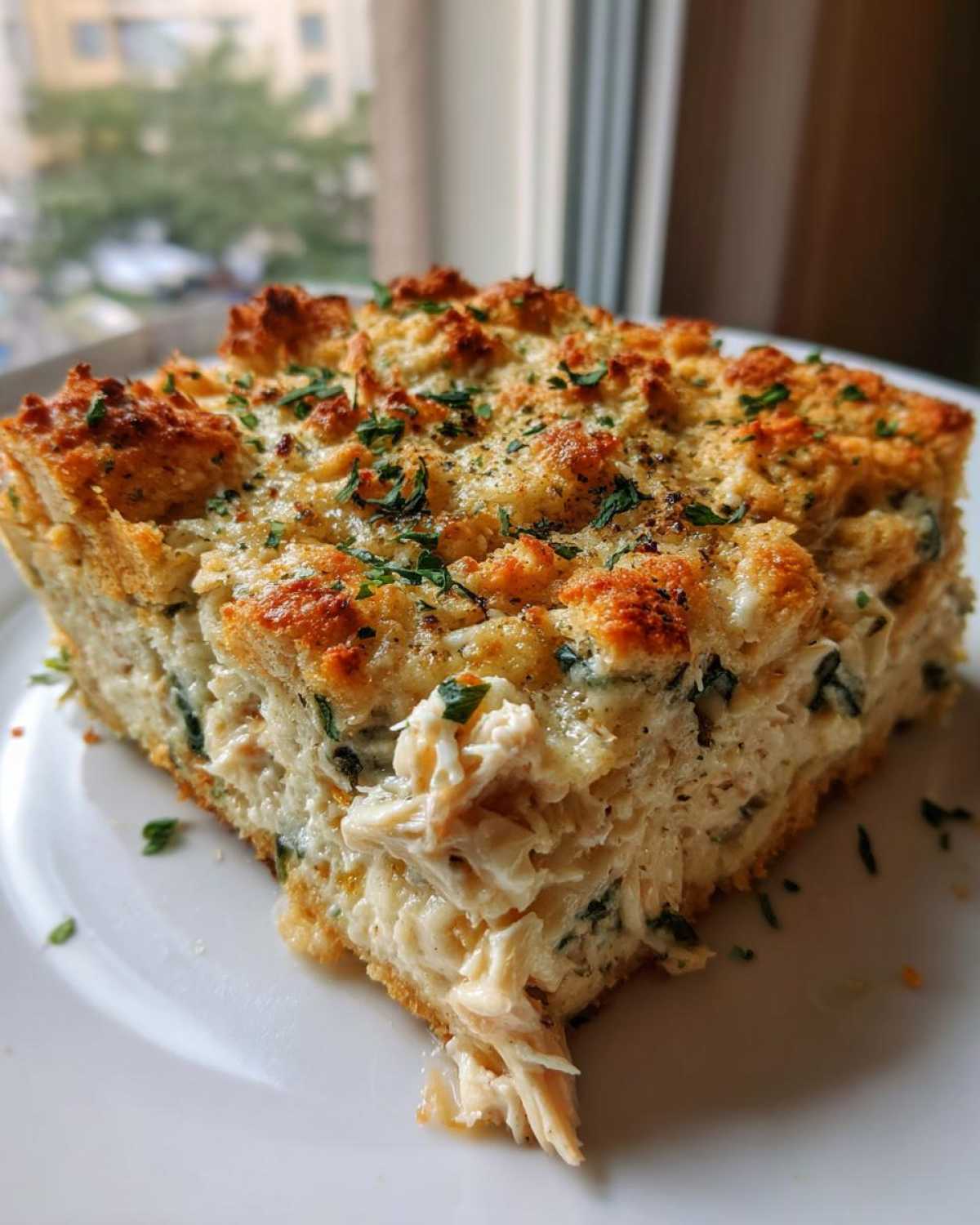 A close-up slice of Creamy Chicken and Spinach Casserole showing shredded chicken filling and a golden, herbed topping.