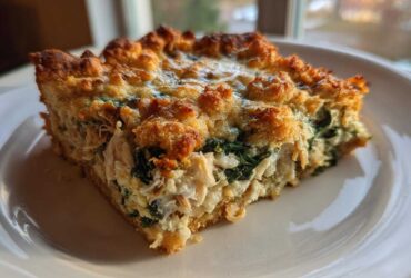 A close-up of a square slice of Creamy Chicken and Spinach Casserole with a golden, crisp topping.