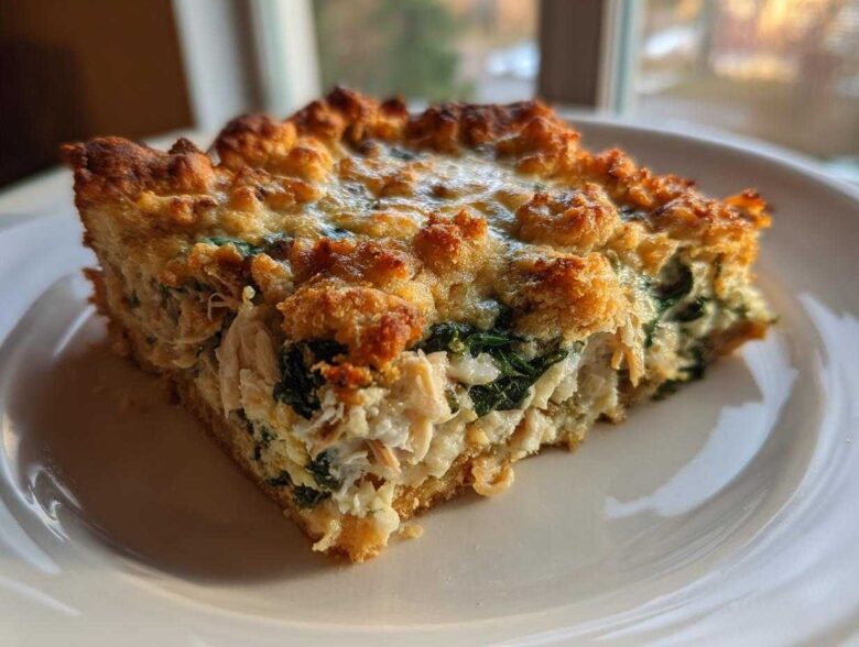 A close-up of a square slice of Creamy Chicken and Spinach Casserole with a golden, crisp topping.