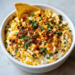 Close-up of a creamy Elote Dip topped with charred corn, chili powder, and fresh cilantro, served with a tortilla chip.