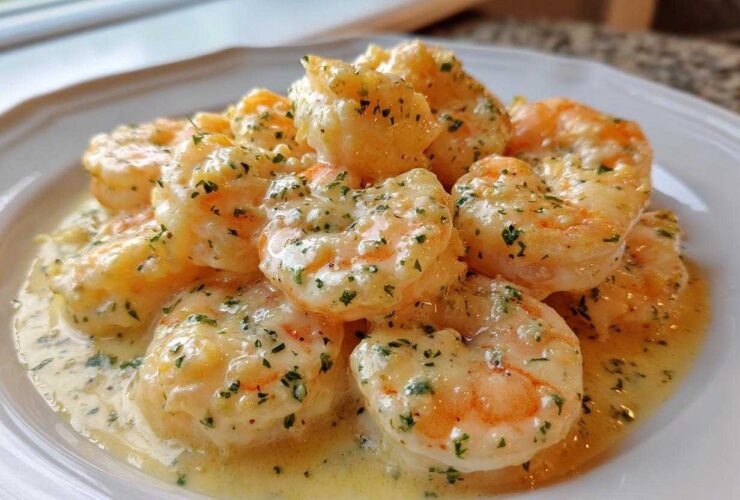 Close-up of plump shrimp coated in a rich, creamy garlic sauce and sprinkled with fresh parsley, showcasing the Creamy Garlic Shrimp recipe.