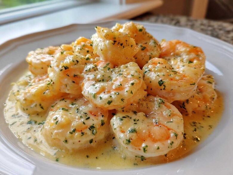 Close-up of plump shrimp coated in a rich, creamy garlic sauce and sprinkled with fresh parsley, showcasing the Creamy Garlic Shrimp recipe.