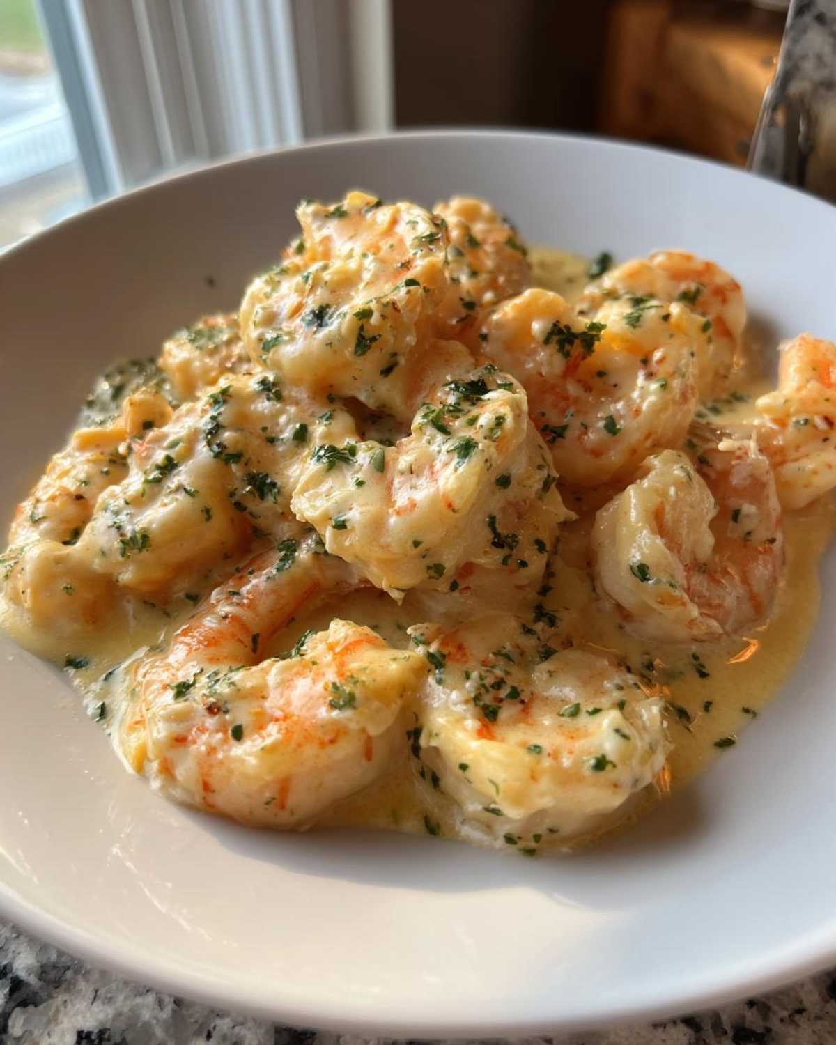 Close-up of cooked shrimp coated in a rich sauce, garnished with parsley, representing Creamy Garlic Shrimp.