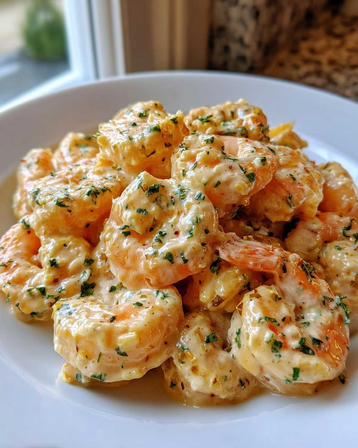 A close-up of cooked shrimp generously coated in a rich, creamy garlic sauce and sprinkled with fresh parsley, served on a white plate.