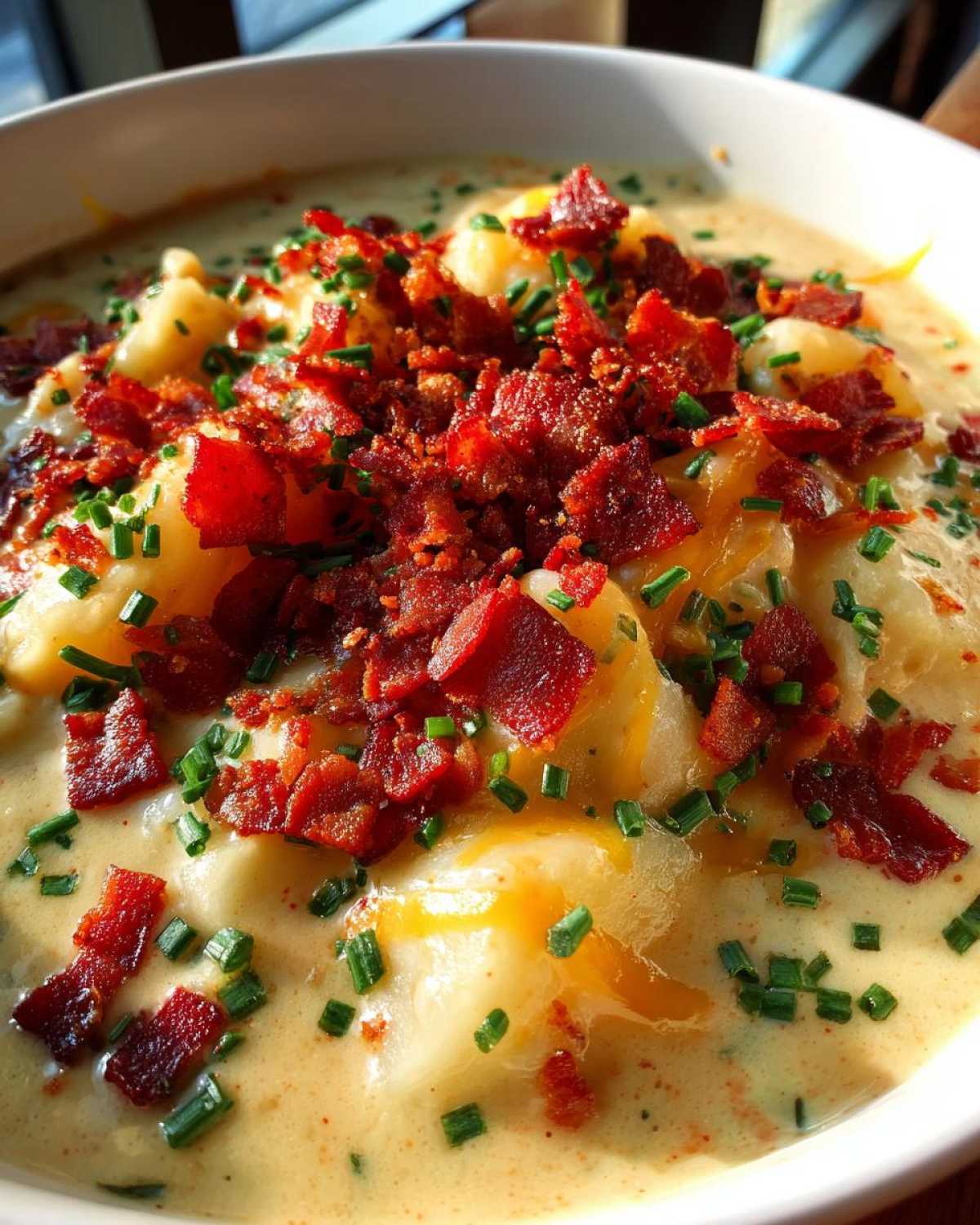 A close-up of a bowl of rich Creamy Potato Soup topped generously with crispy bacon bits and fresh green chives.