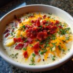 Close-up of a bowl of rich Creamy Potato Soup topped generously with melted cheddar cheese, crispy bacon bits, and fresh green chives.