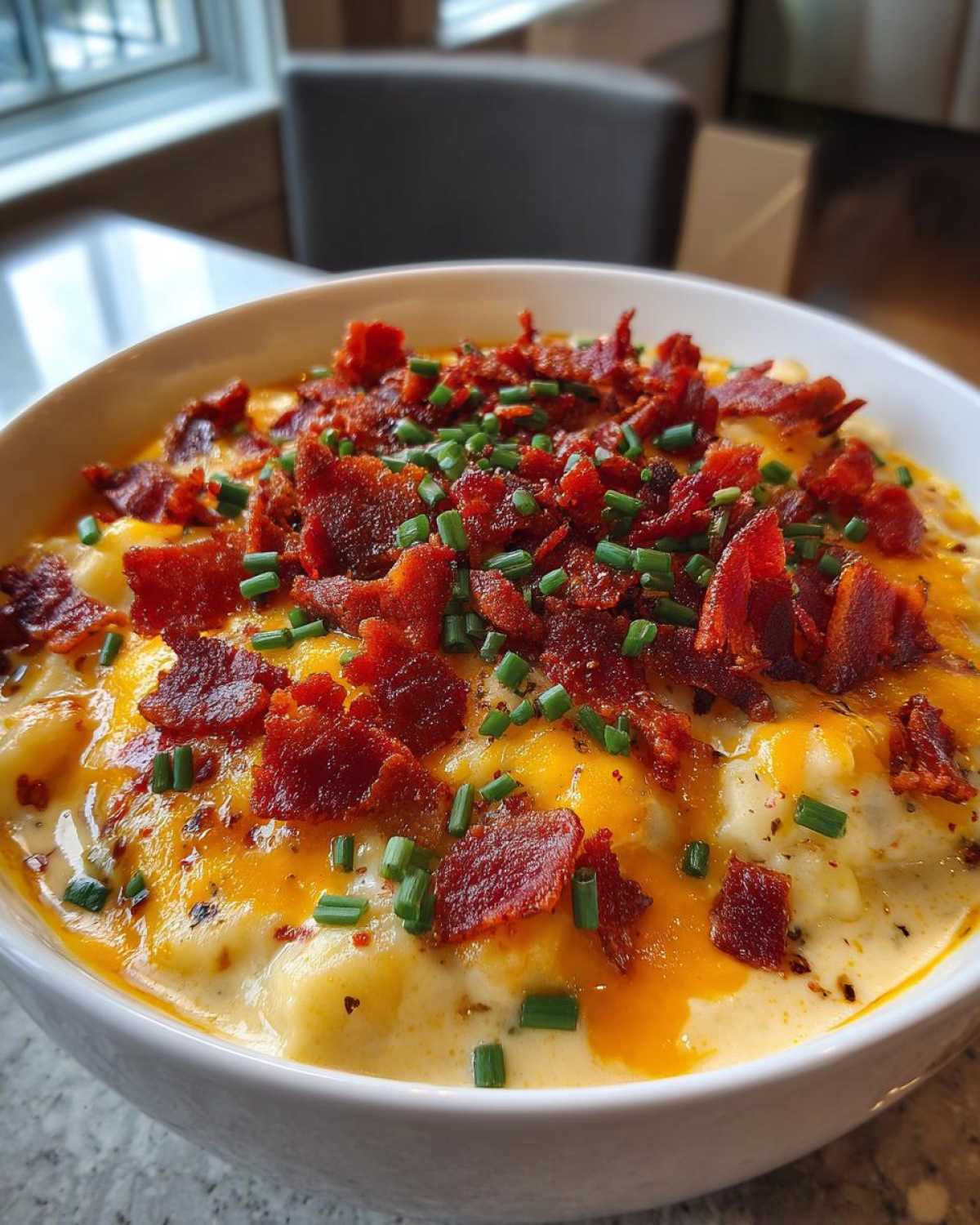 Close-up of hot Creamy Potato Soup topped generously with melted cheddar cheese, crispy bacon bits, and fresh chives.