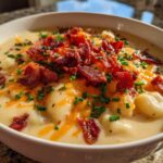Close-up of a bowl of Creamy Potato Soup with chunks of potato, melted cheddar cheese, crispy bacon, and chopped chives.