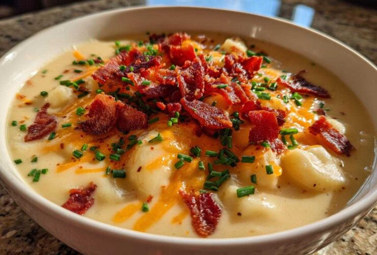Close-up of a bowl of Creamy Potato Soup with chunks of potato, melted cheddar cheese, crispy bacon, and chopped chives.