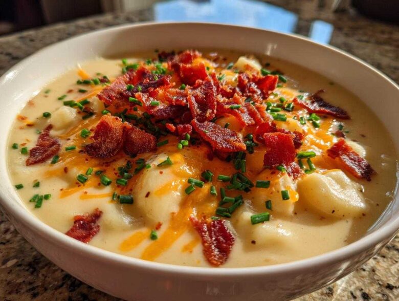 Close-up of a bowl of Creamy Potato Soup with chunks of potato, melted cheddar cheese, crispy bacon, and chopped chives.