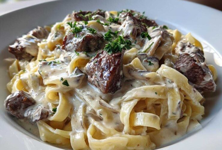 Close-up of Creamy Steak Pasta featuring tender steak pieces tossed in a rich, garlic cream sauce with fettuccine pasta.