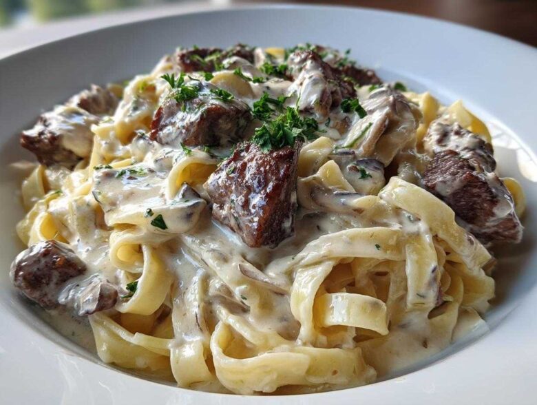 Close-up of Creamy Steak Pasta featuring tender steak pieces tossed in a rich, garlic cream sauce with fettuccine pasta.