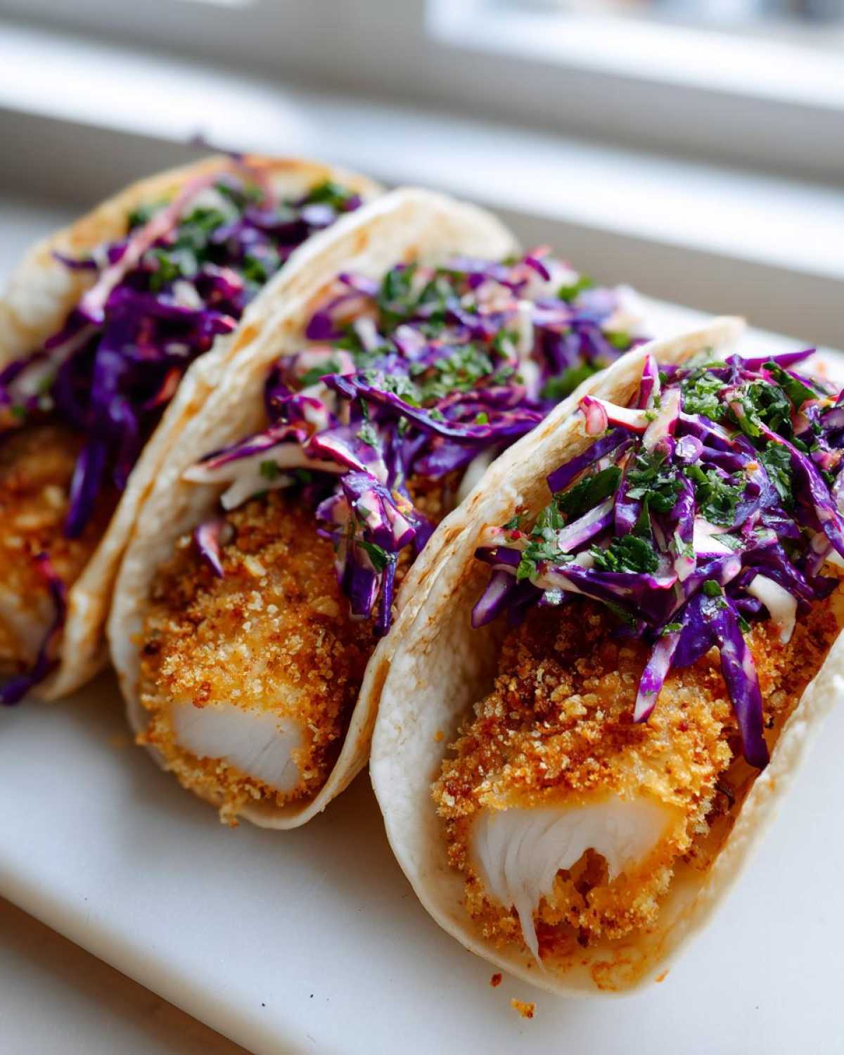 Three Crispy Air Fryer Fish Tacos filled with golden breaded fish and topped with vibrant purple chipotle slaw.
