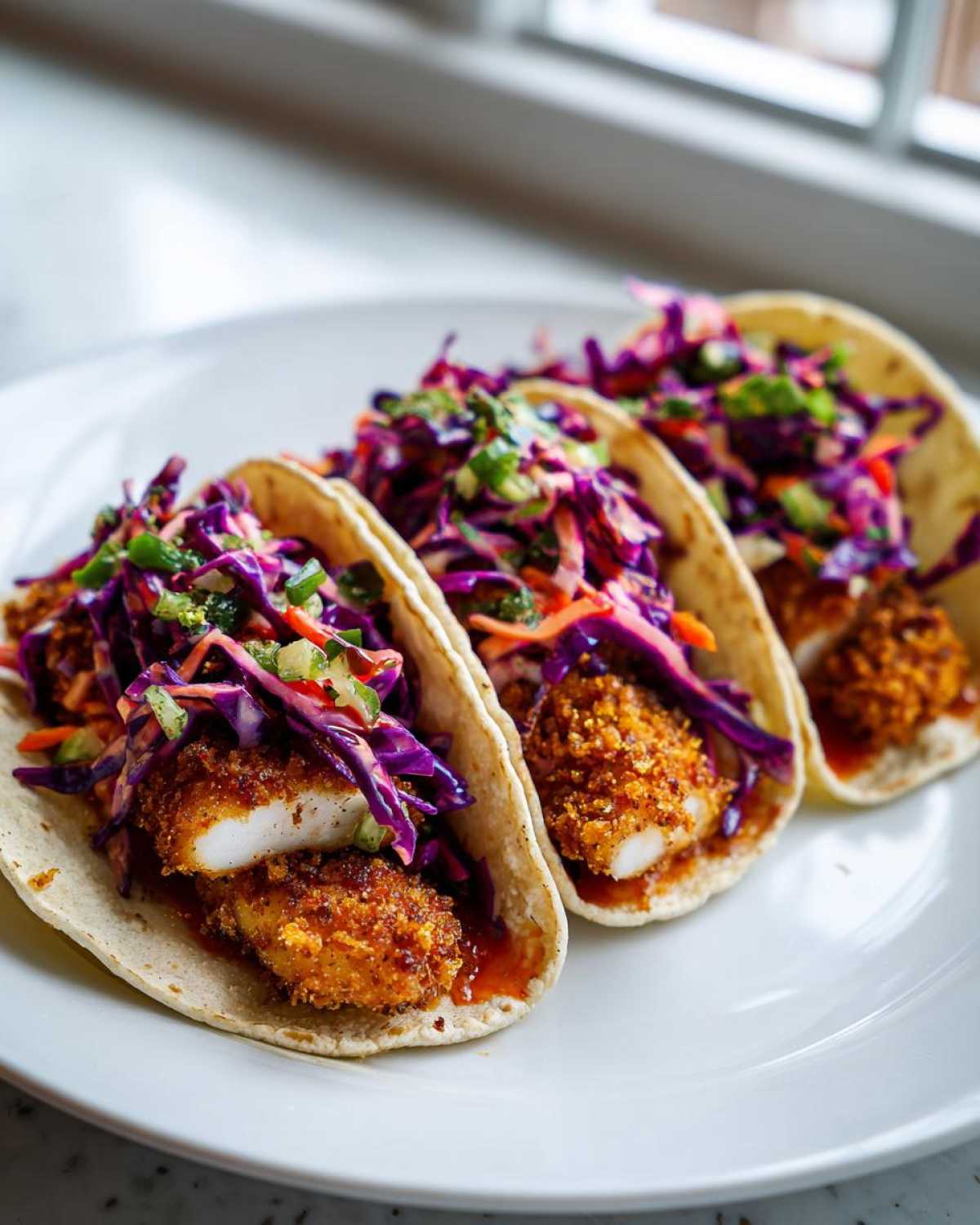 Three Crispy Air Fryer Fish Tacos filled with breaded fish, purple cabbage slaw, and a drizzle of sauce on a white plate.