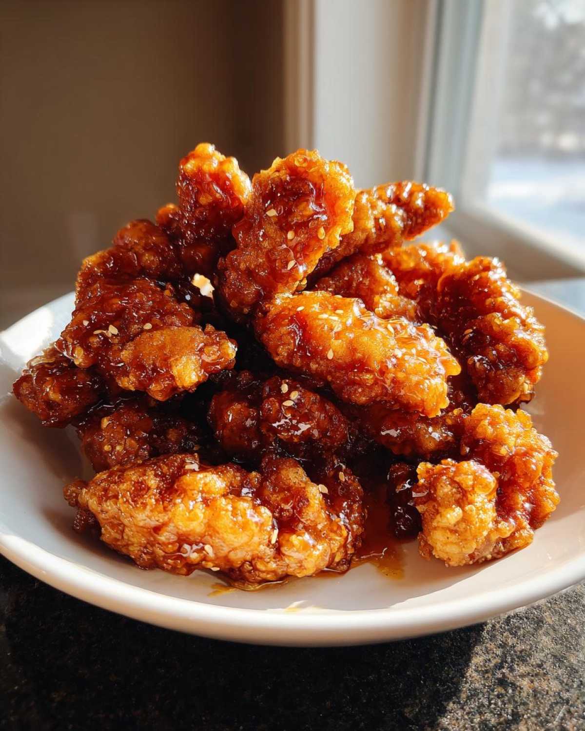 A pile of Crispy Air Fryer Honey Butter Garlic Chicken Tenders coated in a glossy sauce and sprinkled with sesame seeds.