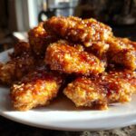 A pile of Crispy Air Fryer Honey Butter Garlic Chicken Tenders coated in a glossy sauce and sprinkled with sesame seeds.