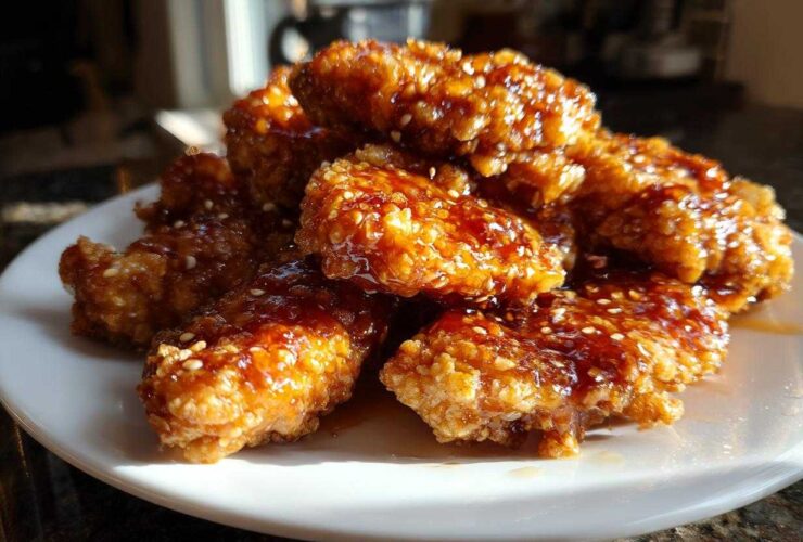 A pile of Crispy Air Fryer Honey Butter Garlic Chicken Tenders coated in a glossy sauce and sprinkled with sesame seeds.
