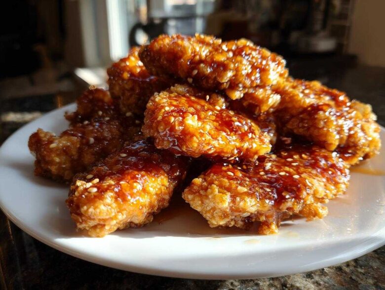 A pile of Crispy Air Fryer Honey Butter Garlic Chicken Tenders coated in a glossy sauce and sprinkled with sesame seeds.