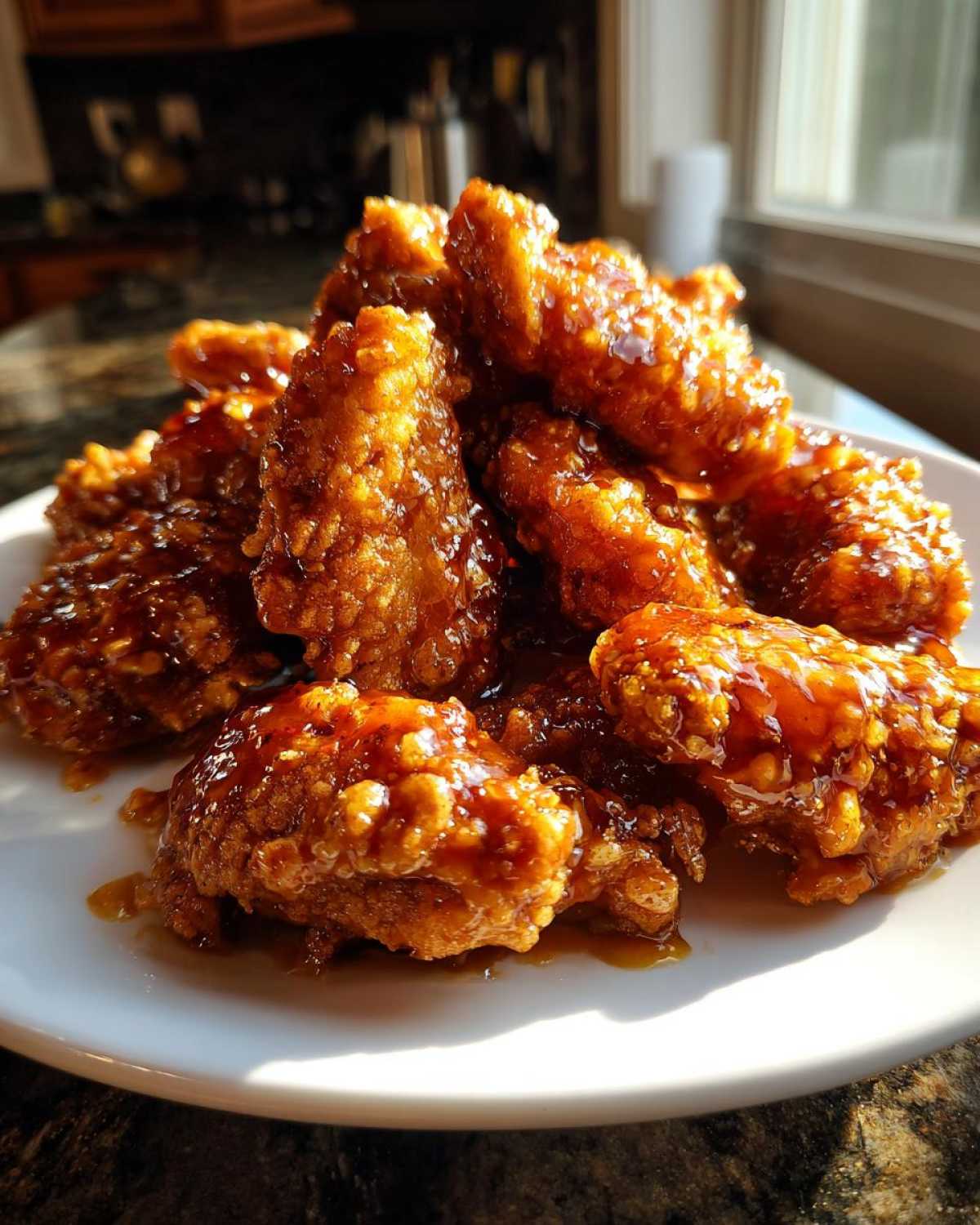 A close-up of a pile of crispy Air Fryer Honey Butter Garlic Chicken Tenders coated in a thick, glossy sauce.