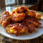 A pile of crispy air fryer honey butter garlic chicken tenders coated in a shiny, dark glaze on a white plate.