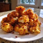 A pile of golden brown, crispy Baked Cauliflower Bites seasoned with visible red chili flakes on a white plate.