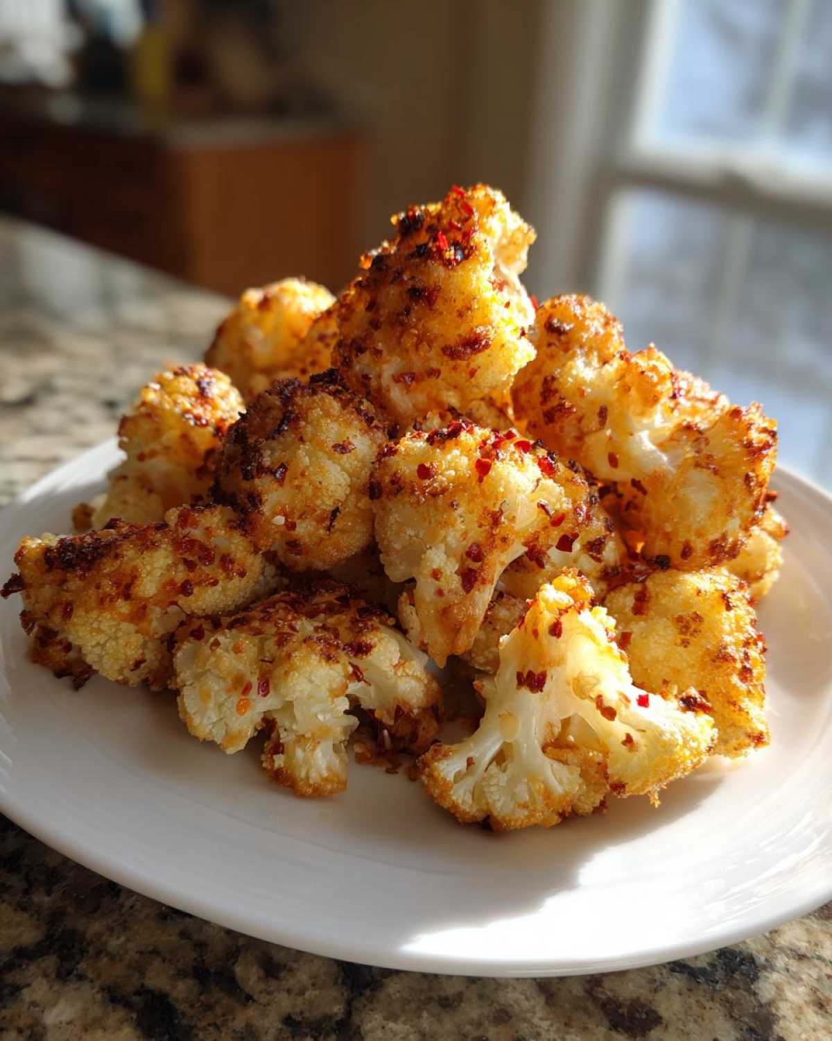A close-up of golden brown, crispy Baked Cauliflower Bites seasoned with red pepper flakes, served on a white plate.