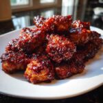 A pile of crispy, glazed Bbq Chicken Bites glistening with a dark, sticky sauce on a white plate.
