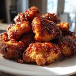 A close-up of crispy, glazed Bbq Chicken Bites piled high on a white plate.