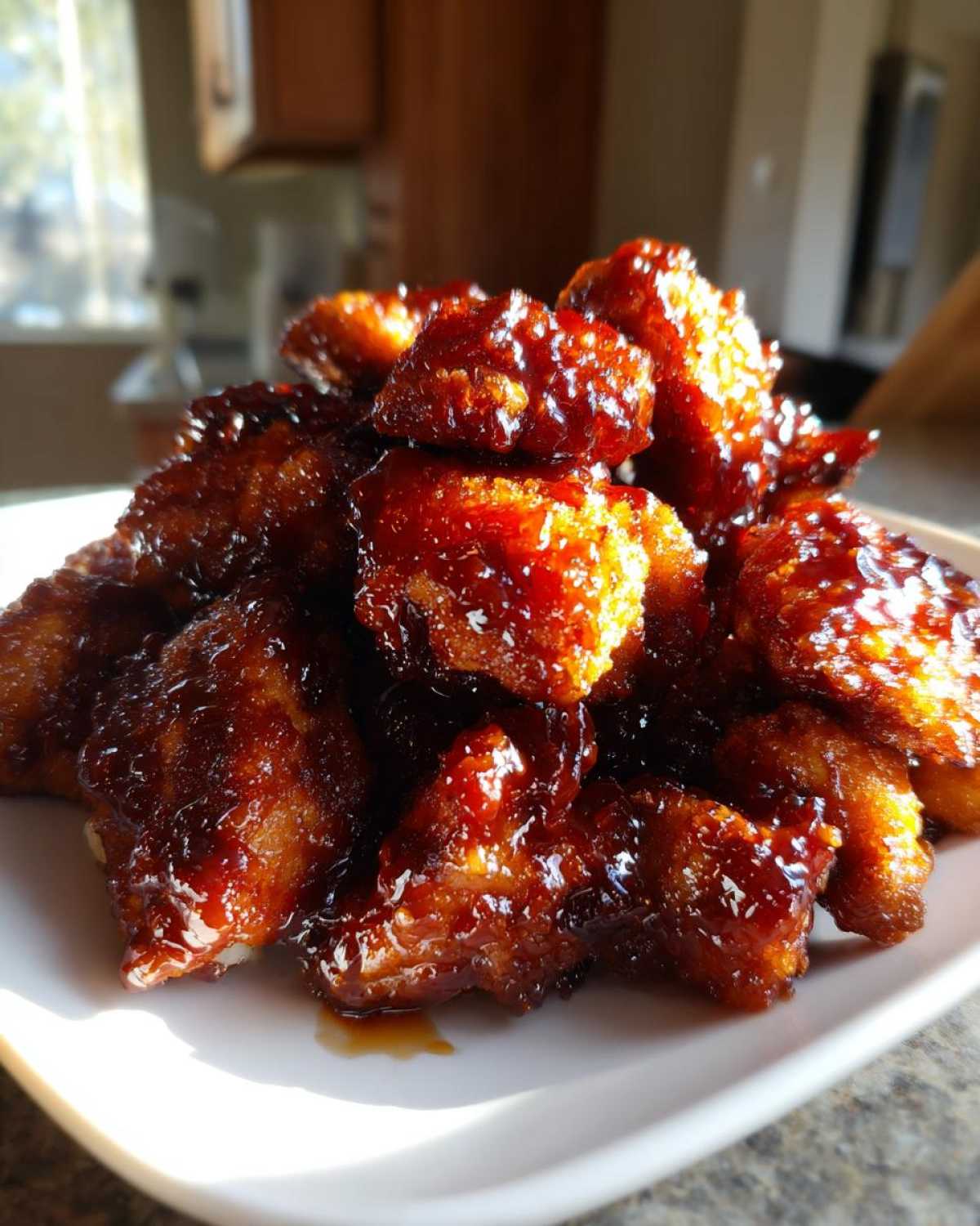 A pile of crispy Bbq Chicken Bites coated in a thick, glossy, dark brown BBQ sauce on a white plate.