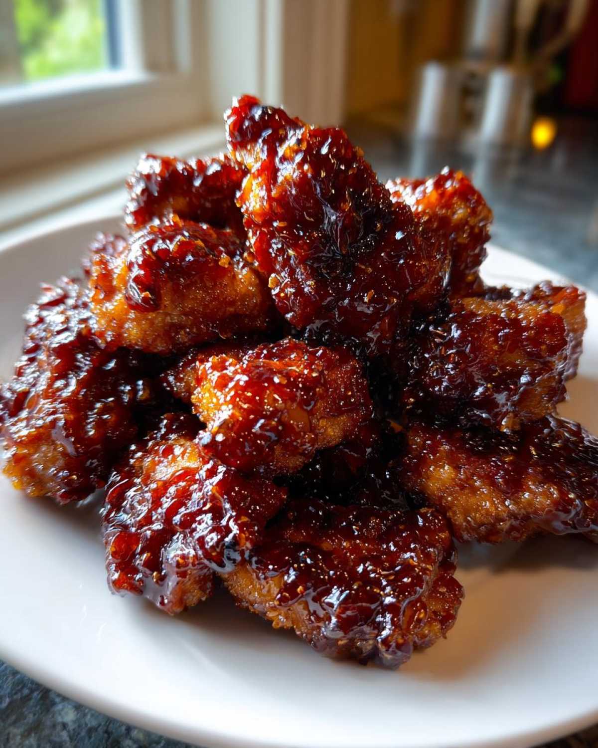 A close-up of crispy Bbq Chicken Bites piled high on a white plate, coated in a thick, glossy, dark BBQ sauce.