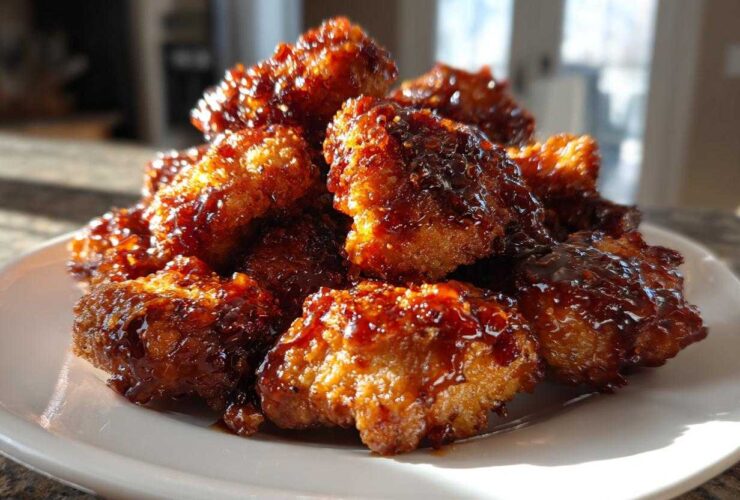A close-up of crispy, glazed Bbq Chicken Bites piled high on a white plate.