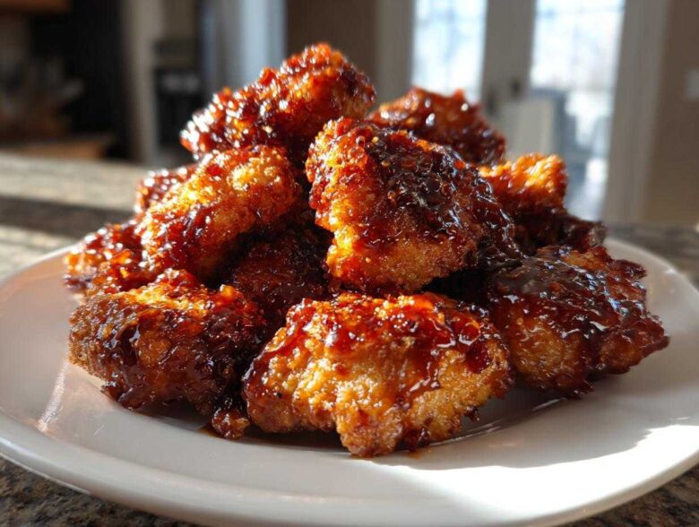 A close-up of crispy, glazed Bbq Chicken Bites piled high on a white plate.