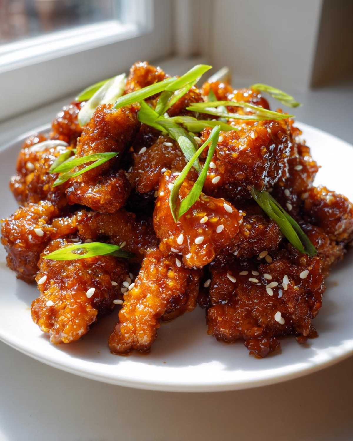 A plate piled high with crispy, glazed Sesame Chicken pieces topped with sesame seeds and fresh green onions.