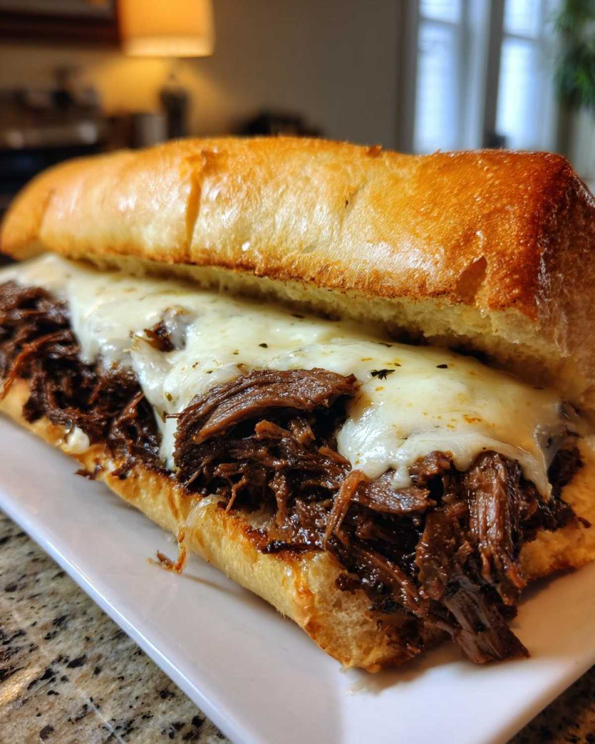 Close-up of a hearty Crockpot French Dip Sandwiches filled with shredded beef and melted white cheese on a toasted roll.